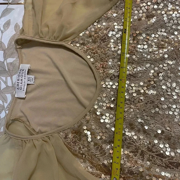 AMERICAN GLAMOUR BADGLEY MISCHKA Tan/ Gold sequins blouses top Sz XS - Picture 8 of 9